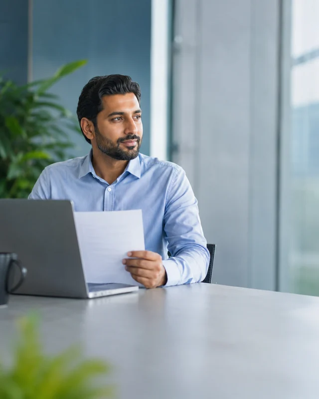AI-generated professional standing in a modern office