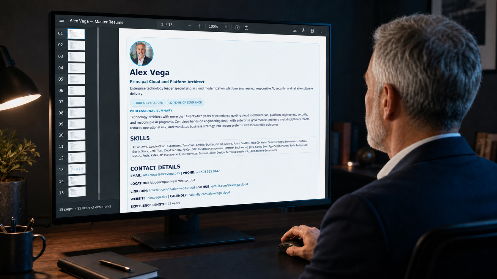 The professional reviewing a complete 15-page master resume