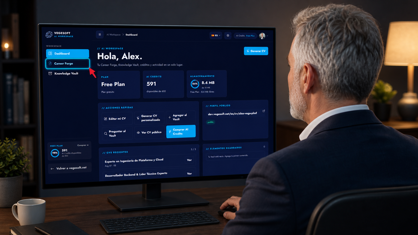 The professional on the AI Workspace dashboard with Career Forge highlighted