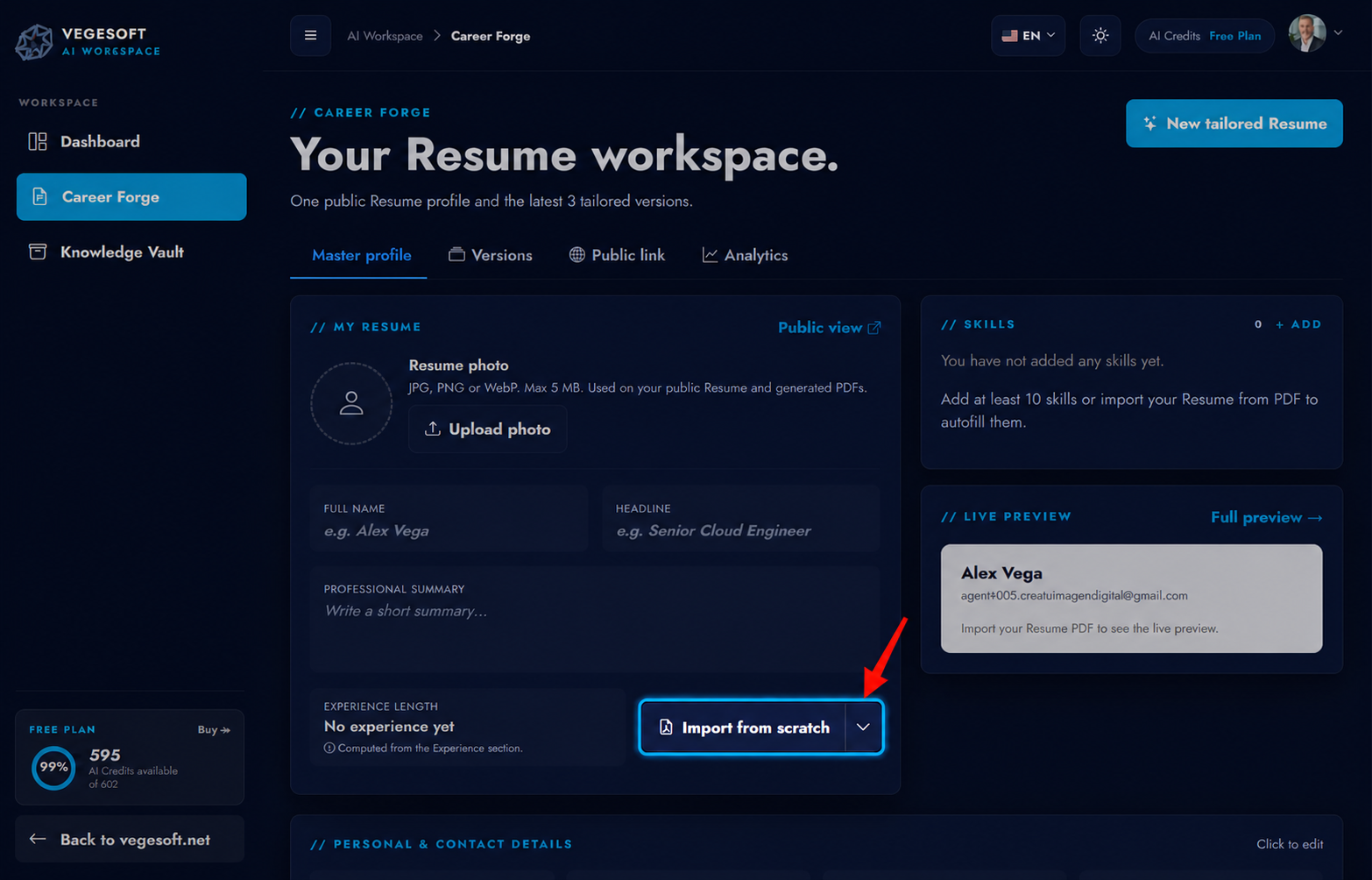 Empty Career Forge profile with Import from scratch highlighted