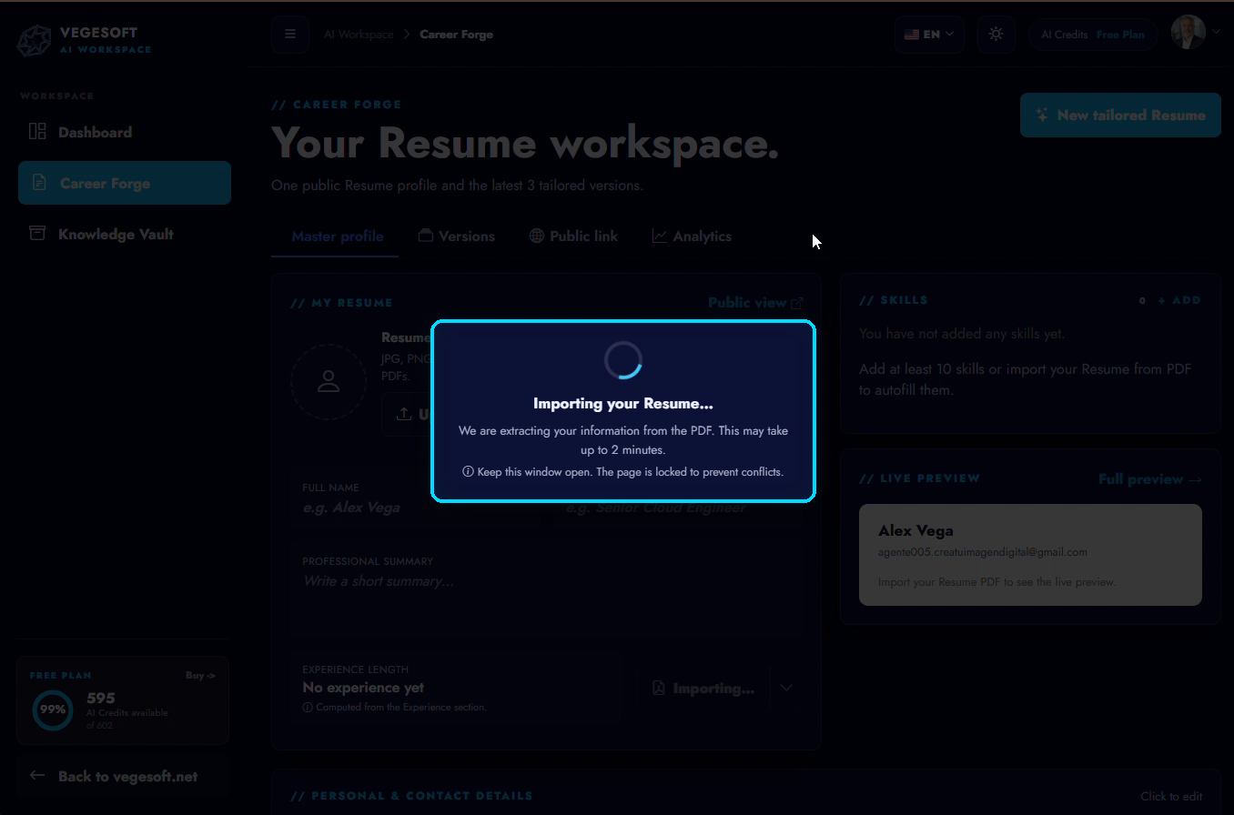 Career Forge processing the selected resume
