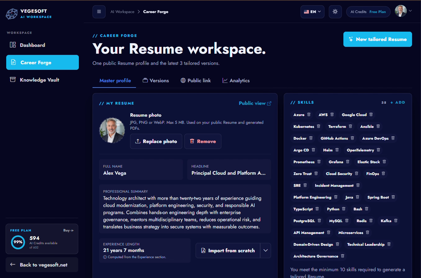 Career Forge automatically reviewing the five imported profile sections