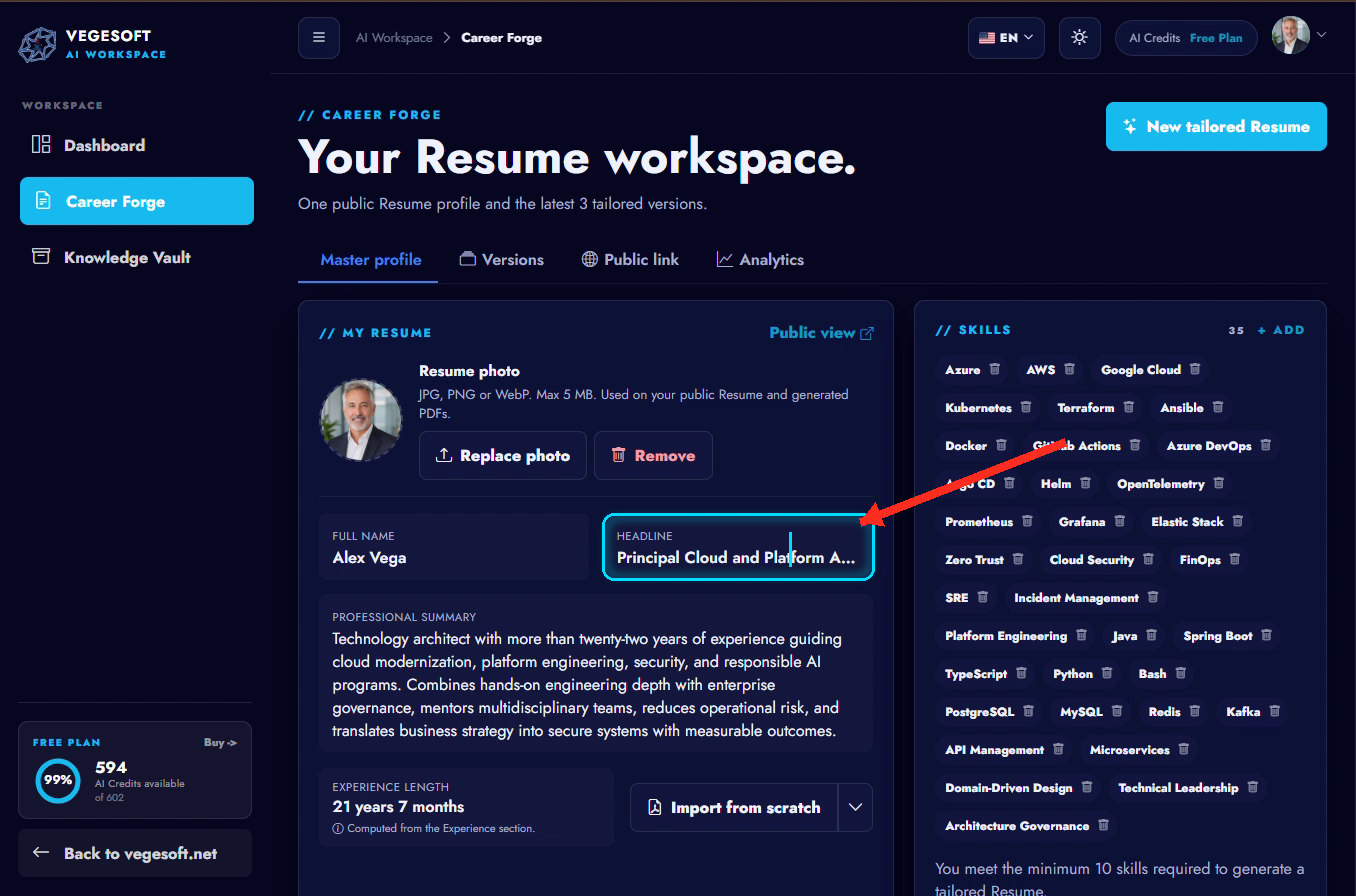 The professional editing an imported Career Forge field