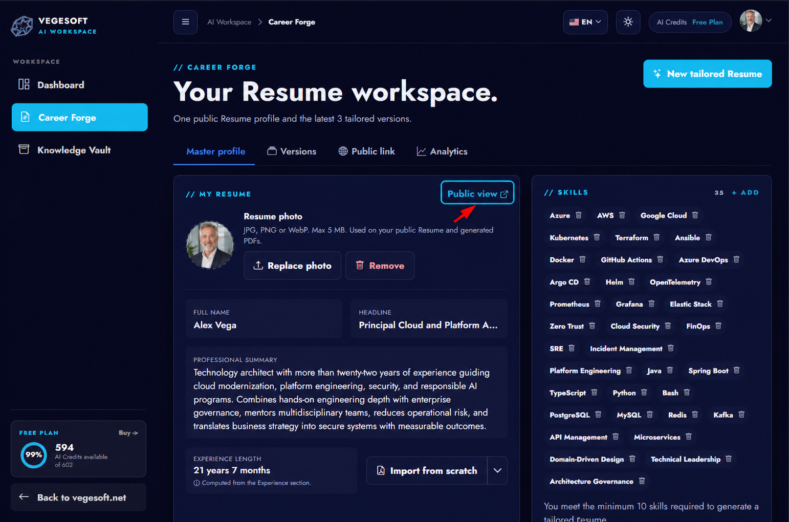 Public view action highlighted on the imported Career Forge profile