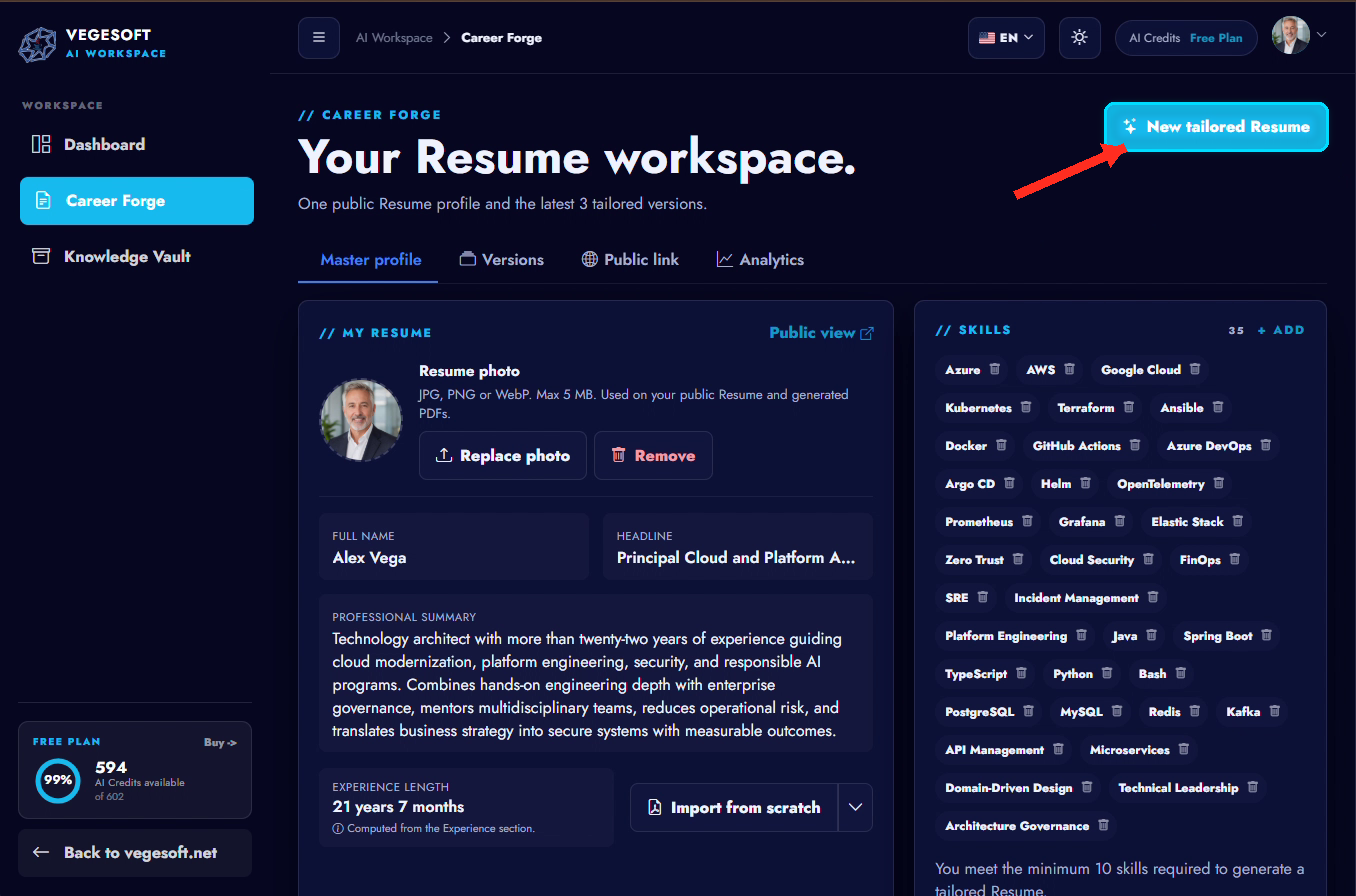 New tailored Resume action highlighted in Career Forge