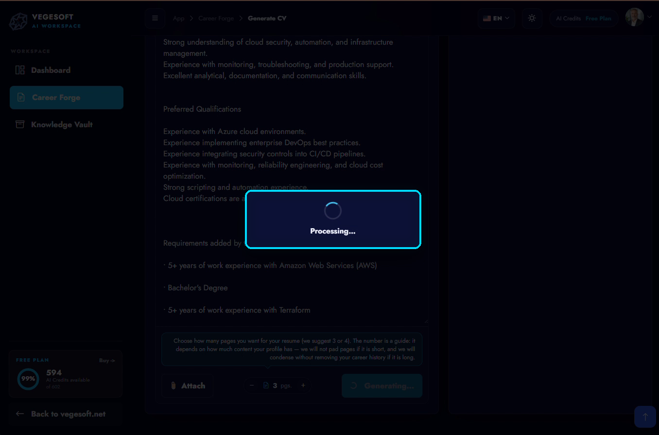 Career Forge generating the tailored resume