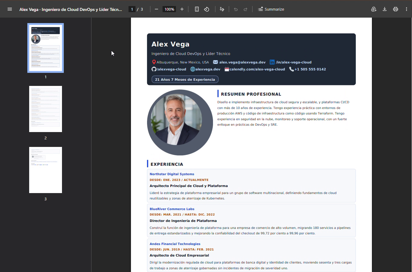 Three-page tailored resume PDF in Spanish