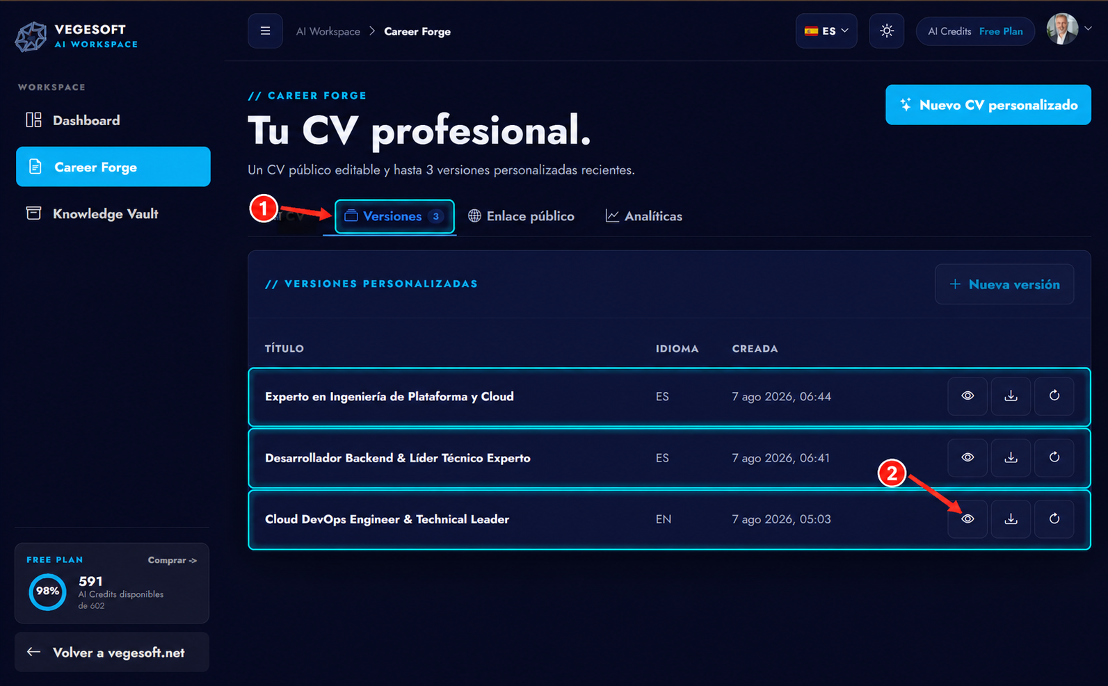 Three saved tailored resume versions and their actions