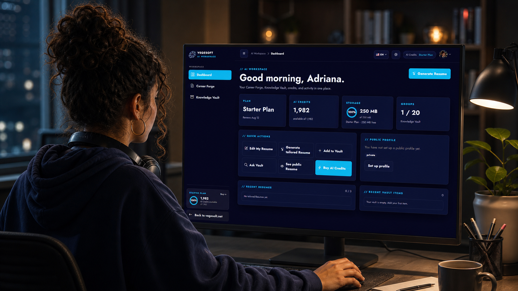 The student at AI Workspace with Knowledge Vault highlighted in the navigation.