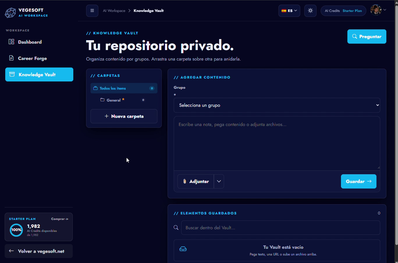 The Knowledge Vault module showing its content administration and Ask Vault areas.