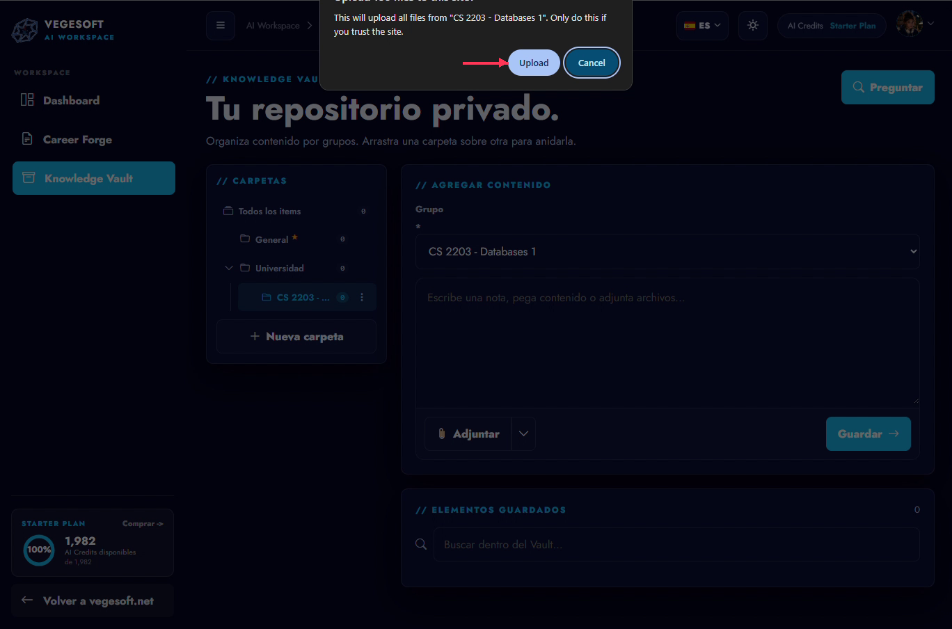 The browser confirmation for uploading the selected folder.