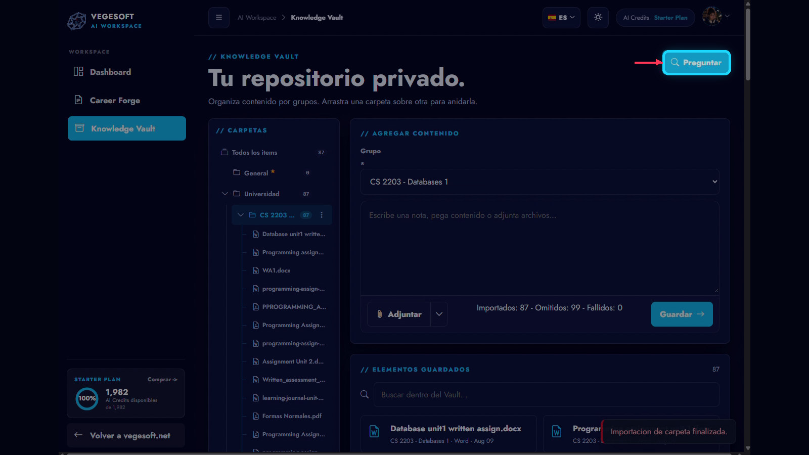 The real Knowledge Vault navigation with the Ask action identified.